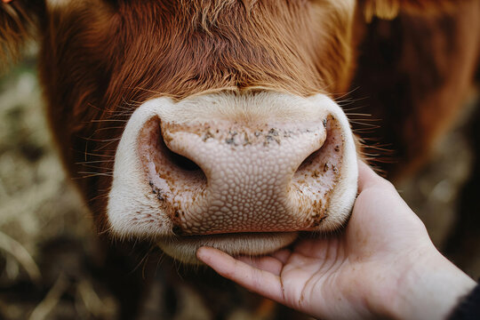 Close up of human's hand petting a brown cow's muzzle