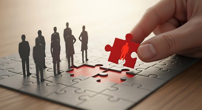 A red jigsaw piece completes a team of miniature figures, symbolizing the addition of a new member to a group of colleagues.