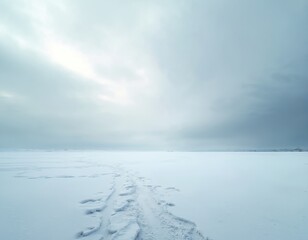 Obraz premium Expansive frozen landscape under cloudy sky. Footprints mark path across smooth, icy terrain, hinting at journey through serene winter wilderness. Emphasizes solitude and vastness of nature.