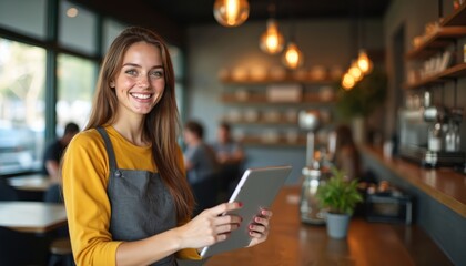 Smiling young barista in modern cafe holds tablet, offering excellent customer service. Cheerful, pro hospitality worker provides friendly service in vibrant, cosy eatery, embodying welcoming