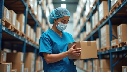 Medical warehouse worker in blue uniform, hairnet, mask carefully handles cardboard box inventory. Employee checks product quality on shelves in sterile, safe facility during logistic distribution