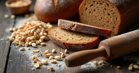 Whole grain bread with wheat grains and rolling pin on rustic wooden table. Sliced bread shows porous texture. Freshly baked loaf, ingredients for baking, healthy food concept.