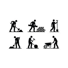 Set of silhouette icons depicting construction workers engaged in various labor activities