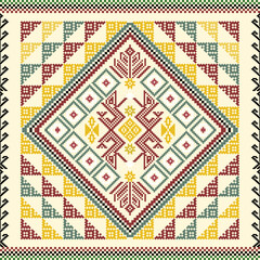 Seamless Tribal Ethnic Pixel Art Yellow Red Green Diamond Rug Pattern for Textile, Wallpaper Design, Fabric, carpet, vector, home decor and decoration illustration design