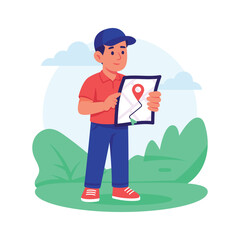Courier holding map to track parcel delivery location accurately, flat illustration
