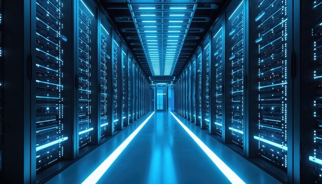 Modern data center corridor with rows of servers emitting bright blue light. High performance computing infrastructure, big data analysis, cloud computing capabilities emphasized. Digital technology,