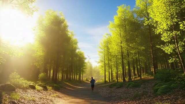Man jogging on a sunny forest path with birds flying above, symbol of health, recovery, freedom and positive lifestyle for World No Alcohol Day, mindfulness and addiction prevention concept