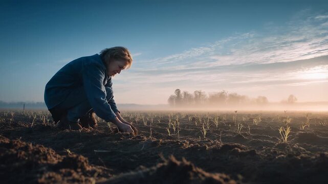 Woman farmer kneels in field at sunrise, planting small shoots into soft soil. Farming and nature meet in this moment of quiet growth. Agriculture begins with care, begins with hands, begins here.