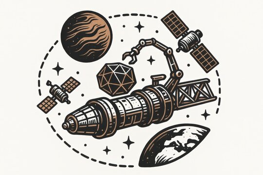 Intricate representation of a futuristic space station surrounded by cosmic elements including nearby planets satellites and geometric shapes symbolizing innovation exploration and advanced