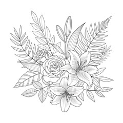 Fototapeta premium A delicate line drawing of a floral arrangement featuring roses, lilies, and ferns, perfect for coloring or design.
