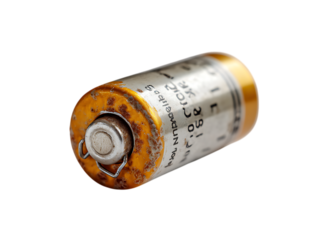 Bad electronic capacitor on white background