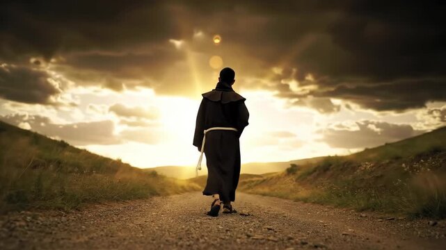 Monk walking on a path at sunset