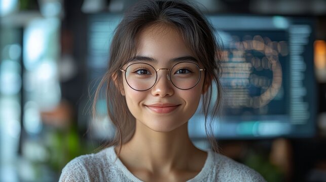 A calm portrait of a smiling Asian female professional in glasses against a data screen, demonstrating intelligence and confidence. Her friendly and competent image is ideally suited to illustrate the