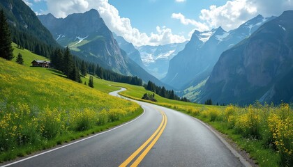 Fototapeta premium Winding mountain road through green fields dotted with yellow flowers. Majestic snow-capped peaks and forests line the route under a blue summer sky with clouds. A remote cabin sits on the hillside.