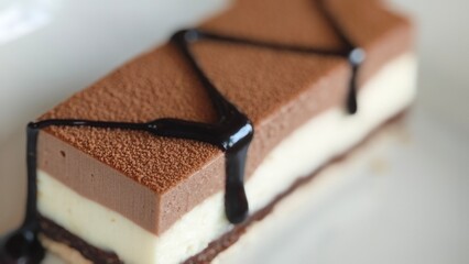 Three chocolates cake with chocolate drips. Layered cake with milk, dark and white chocolate souffle.