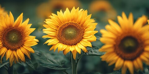 Fototapeta premium The Sunflower Trio Bathed In Warm Light Against Blurred Green Background