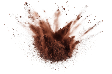 Chocolate cocoa powder explosion isolated on transparent background