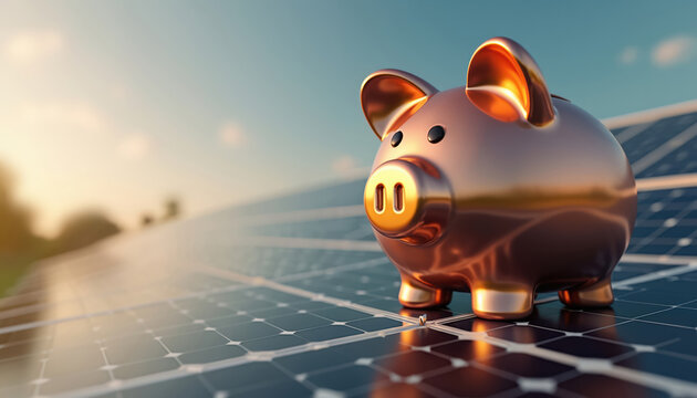 Glossy piggy bank sits on solar panels symbolizing energy saving and financial growth. Illustration combines renewable energy investment with saving money for future. Sunlit sky background.