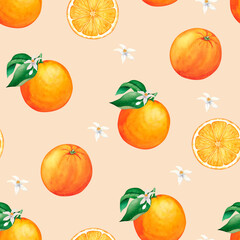 Watercolor seamless pattern orange fruit. Hand drawn botanical illustration, isolated on white background. For wallpaper, textile, wrapping paper.