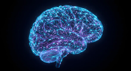 Abstract futuristic glowing neural network representing the human brain's cognitive processes in vibrant purple and blue hues