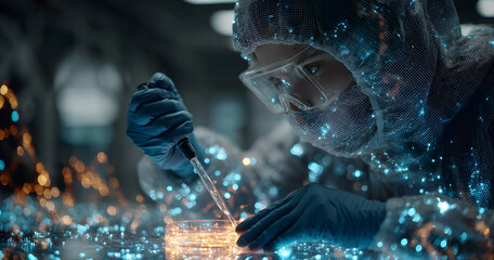 Woman scientist in PPE transferring sample using piptte over petri dish in labwith holograms