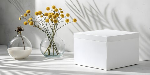 Minimalist display featuring a white box with flowers and a glass vase