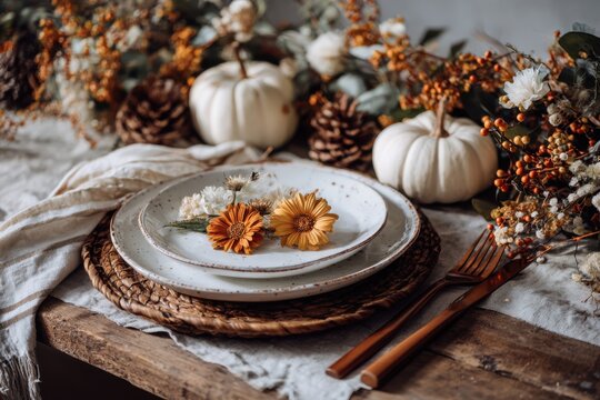 Elegant Autumn Table Setting with Decorative Elements, Floral Accents, and Natural Texture for Seasonal Celebrations