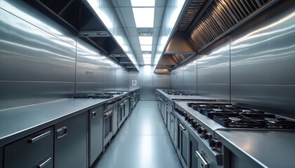 Pro stainless steel commercial kitchen with multiple stoves, ovens. Features clean, hygienic workflow, shiny surfaces, industrial appliances for gastronomy, catering operations. Ideal for