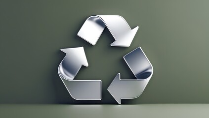 3D Metallic Recycling Symbol on Green Background &ndash; Eco Sustainability Concept