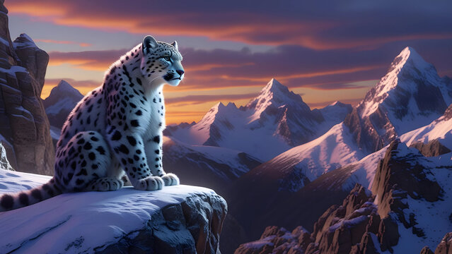 Snow leopard standing on snowy peak during dramatic sunset. Majestic wild cat in mountain landscape, symbol of strength, survival and endangered wildlife in twilight nature scene.