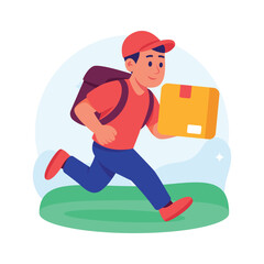 An energetic courierman runs fast while delivering a package box, flat illustration