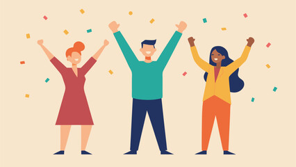 Three happy colleagues celebrating together with raised arms and confetti