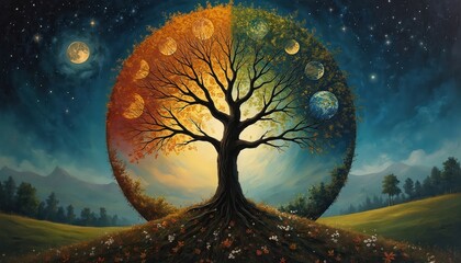 Wheel of Year illustration nature continuous cycle, spiritual representation of paganism, Wicca. Artwork features striking chiaroscuro contrast, showing distinct seasonal changes across circular