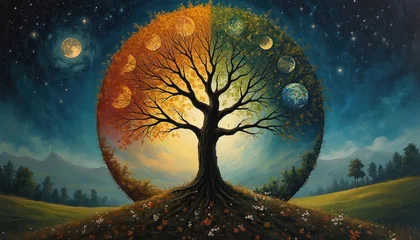 Fototapete Mädchenzimmer Wheel of Year illustration nature continuous cycle, spiritual representation of paganism, Wicca. Artwork features striking chiaroscuro contrast, showing distinct seasonal changes across circular  © Maryna