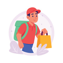 A flat style illustration of a delivery man walking and carrying a shopping bag.