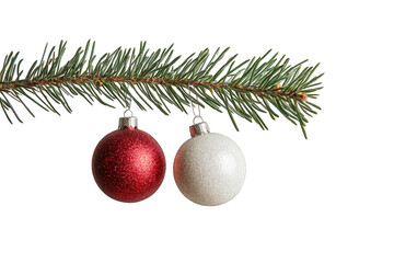 Christmas tree branch with red and white baubles isolated on transparent background