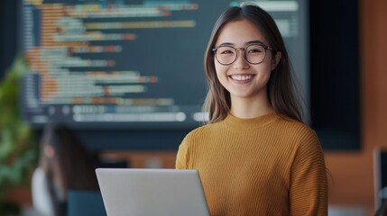 A happy young female developer or IT student with a broad smile looks at the camera while sitting at a laptop. Her professional yet friendly image against the backdrop of the code screen reflects conf