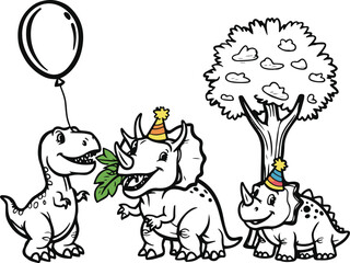 Cute baby dinosaur doodle, bold thick line art, small T-rex with balloon, triceratops eating leaves, brontosaurus with hat, kids coloring page vector 2