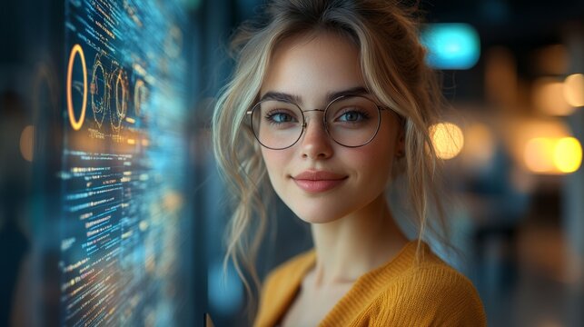 A confident portrait of a young female developer or data analyst standing next to an interactive transparent display with code. Her friendly smile and high-tech surroundings reflect the concept of suc