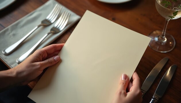 Hand holding blank menu paper on luxury restaurant table. Features plate, silver cutlery, wine glass, elegant place setting. Perfect for mockups, fine dining, upscale eateries, gourmet food