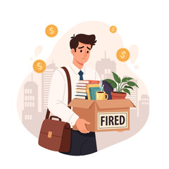 Flat style vector illustration of a sad businessman carrying a box labeled fired with personal belongings, symbolizing unemployment, financial stress, career loss, and economic challenges