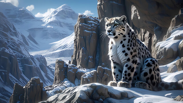 Snow leopard resting on snowy mountain cliff in winter landscape. Rare wild cat in natural habitat, symbol of strength, survival and endangered wildlife in high altitude nature