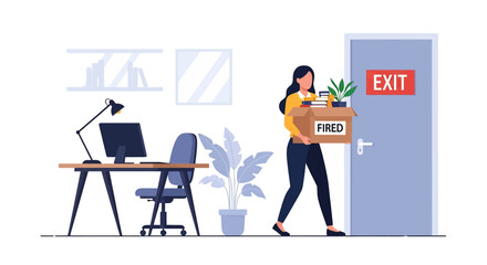 Vector illustration of a female employee leaving the office with a box labeled fired, symbolizing workplace termination, unemployment, career setback, and corporate downsizing