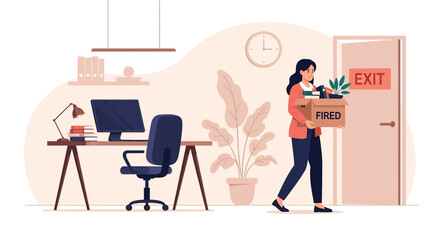 Vector illustration of a female employee leaving the office with a box labeled fired, symbolizing workplace termination, unemployment, career setback, and corporate downsizing