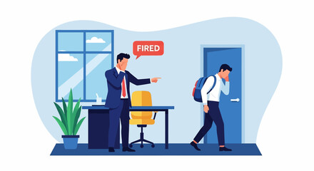 Vector illustration of a boss firing an employee in an office, showing workplace dismissal, unemployment, and career challenges, symbolizing stress, job loss, and business management decisions