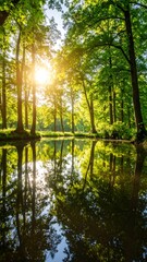 Sunlight streams through a tranquil forest reflecting in a still pond