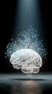 A 3D model of a glowing brain with pulsing neurons and mind impulses. Artifical intelligence model, chat bot. 
