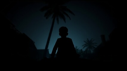 Silhouette of a person standing under a palm tree at night