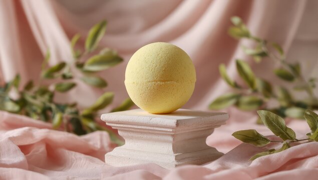 Yellow Bath Bomb on White Pedestal with Green Foliage Soft Pink Fabric Background - Powered by Adobe
