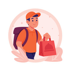 A flat style illustration of a delivery man walking and carrying a shopping bag.